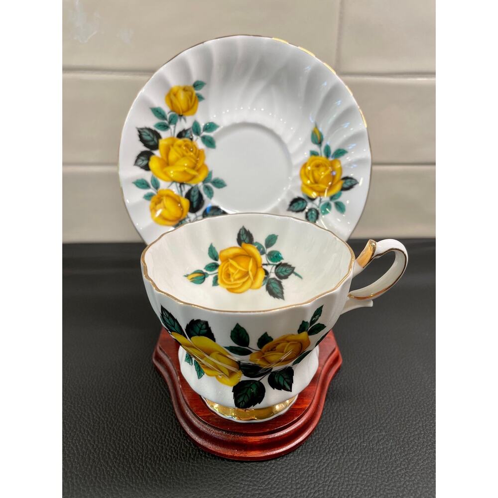 Vintage Queen Anne Teacup and Saucer England Bone China Yellow Roses